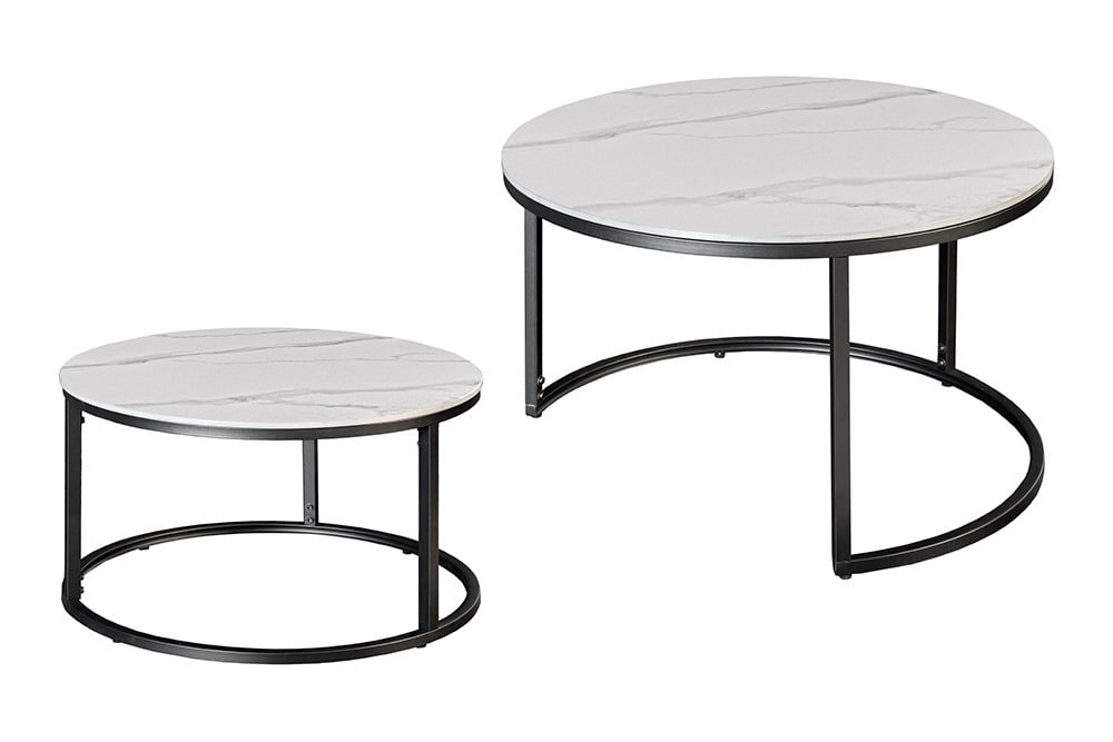 Rundes 2er Set Couchtische ELEGANCE 75cm weiß Keramik schwarz Metall
