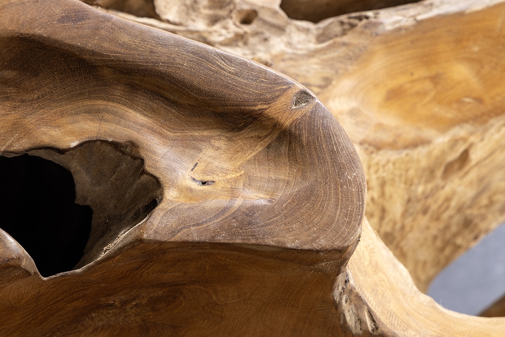 Runder Couchtisch ROOT 100cm natur Teak Massivholz aus Wurzelholz mit Glasplatte