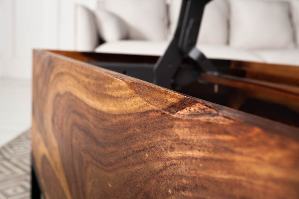 Höhenverstellbarer Couchtisch MAKASSAR FUNCTION 110cm braun Sheesham Massivholz stone finish