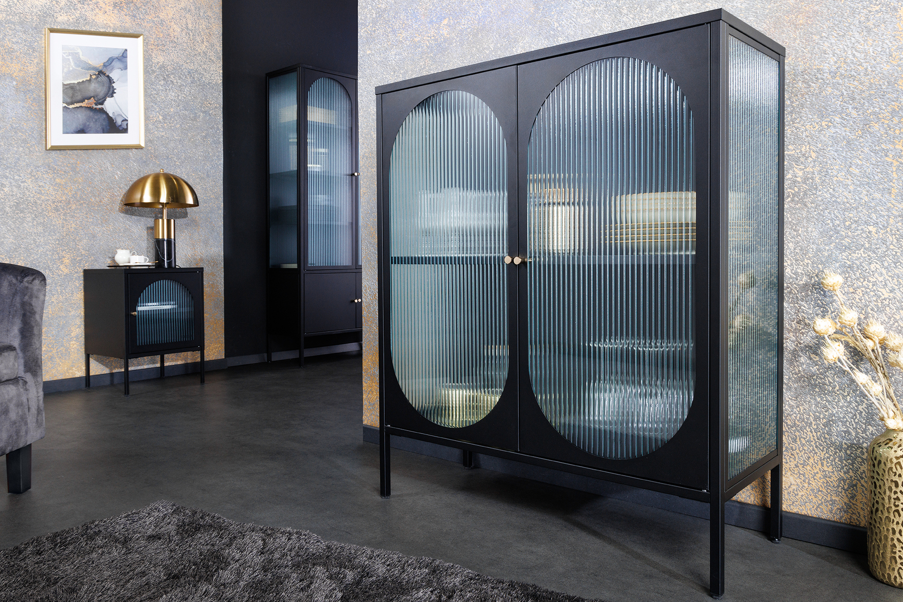 Moderne Vitrine PARIS 110cm schwarz gold Riffelglas Metall Sideboard Schrank