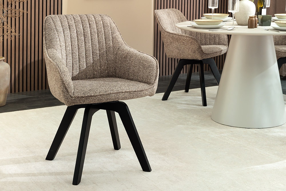 Design Stuhl LIVORNO taupe Strukturstoff schwarz Massivholz drehbar Auto-Return-Funktion