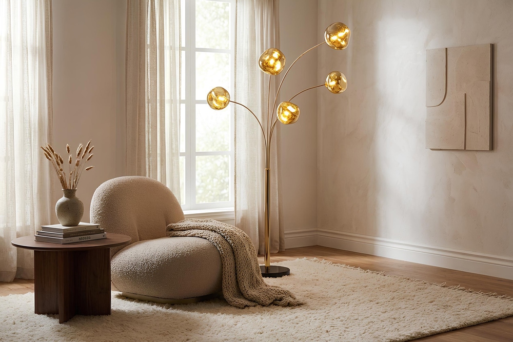 Design Stehlampe LIQUID DIAMOND 200cm gold fünf Glasschirme mit Marmorfuß