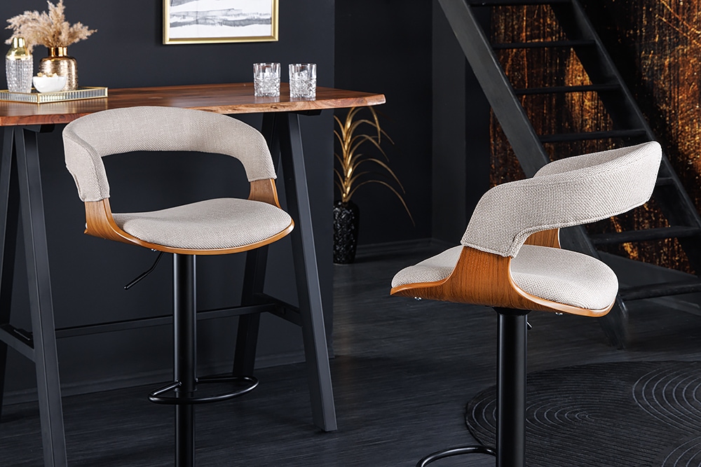 Retro Barhocker MANHATTAN beige Strukturstoff Eschenholz drehbar höhenverstellbar