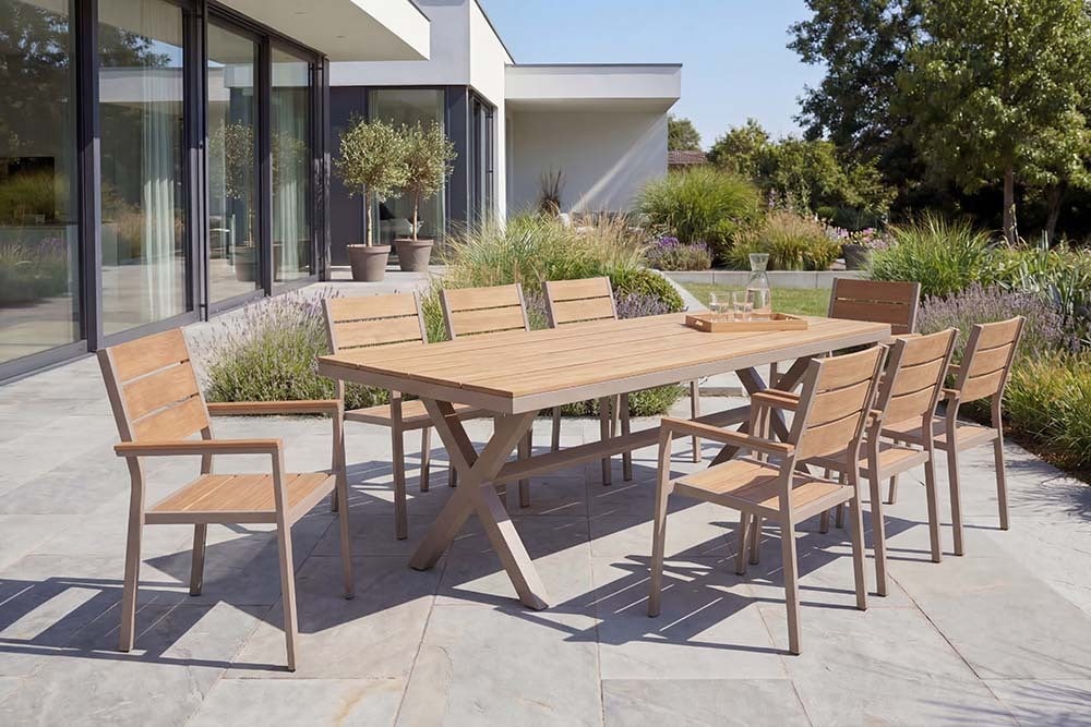Moderner Gartentisch DESIGNO 200cm natur greige Aluminium wetterfest X-Gestell