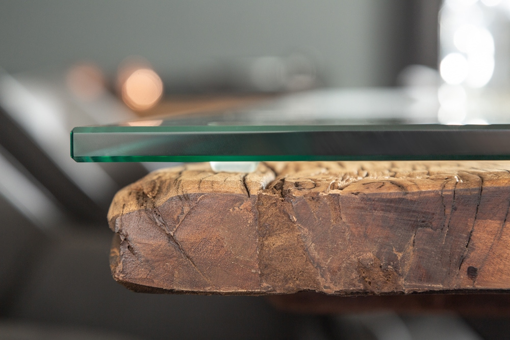 Massivholz Esstisch BARRACUDA 220cm natur Teak schwarz Metall X-Gestell inkl. Glasplatte