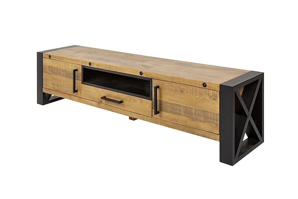 Massives TV-Lowboard THOR 200cm recyceltes Pinienholz im Industrial Design