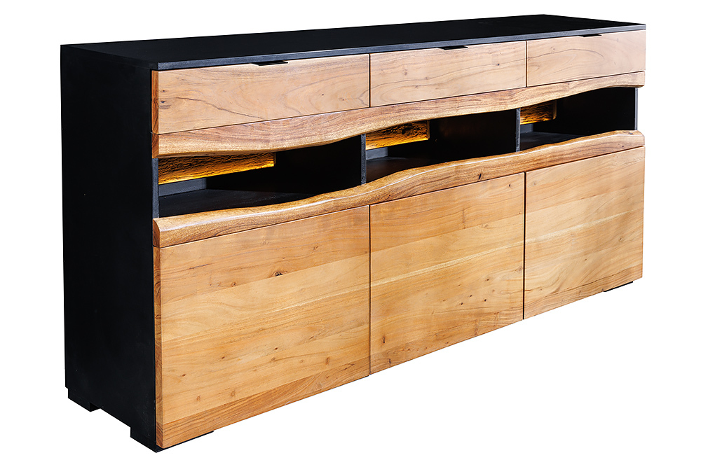 Massivholz Sideboard GRAND ACACIA 180cm braun Akazie mit LED-Beleuchtung Baumkante