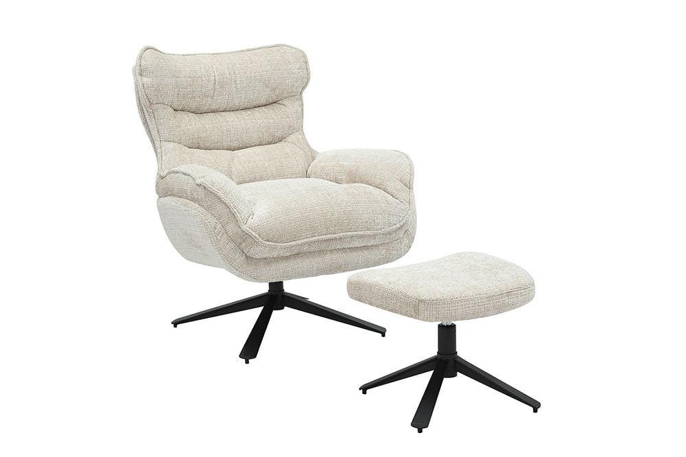 Drehbarer Hocker CLOUD champagner beige Chenillestoff schwarz Metall Fußhocker