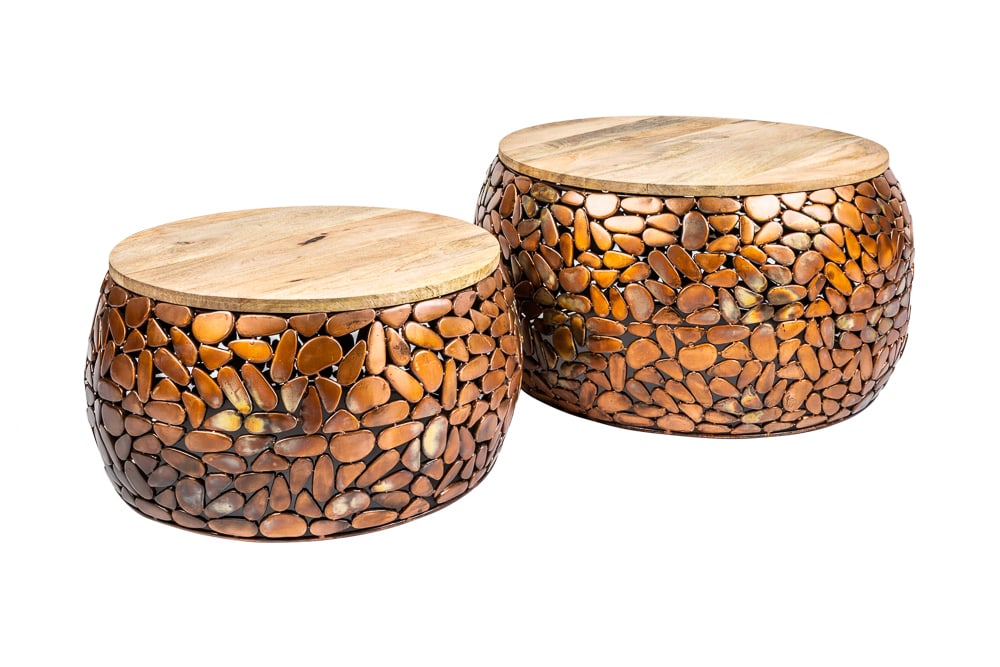 2er Set Runde Couchtische STONE MOSAIC 65cm kupfer Mangoholz Metall Mosaik Design handmade