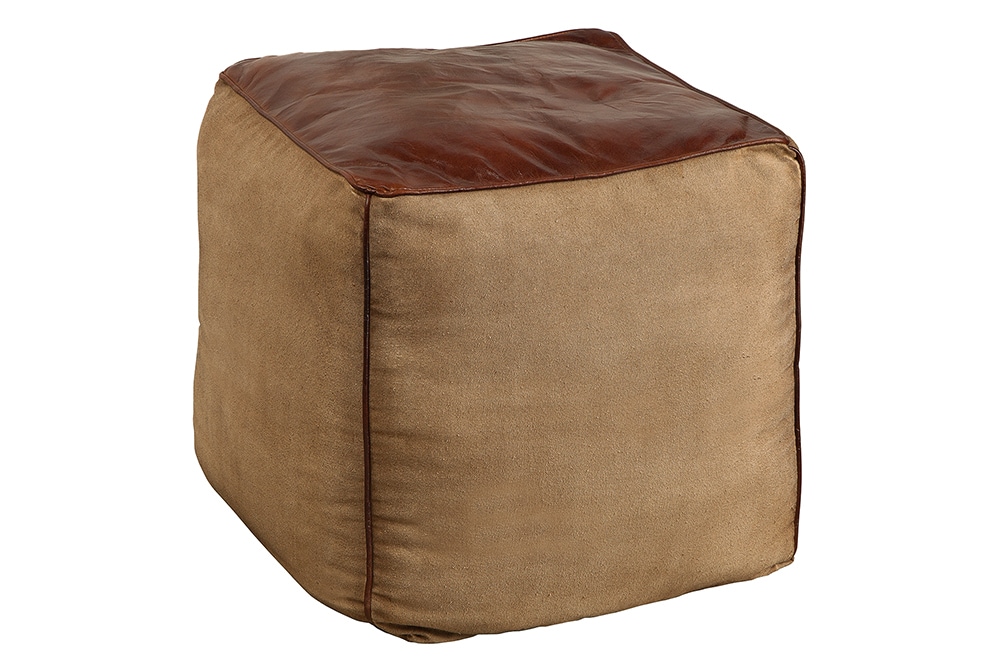 Retro Sitzpouf MUSTANG 45cm Lederbezug mit Leinen Sitzwürfel