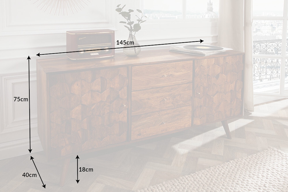 Massivholz Sideboard MYSTIC LIVING 145cm braun Sheesham stone finish Kommode Schubladen