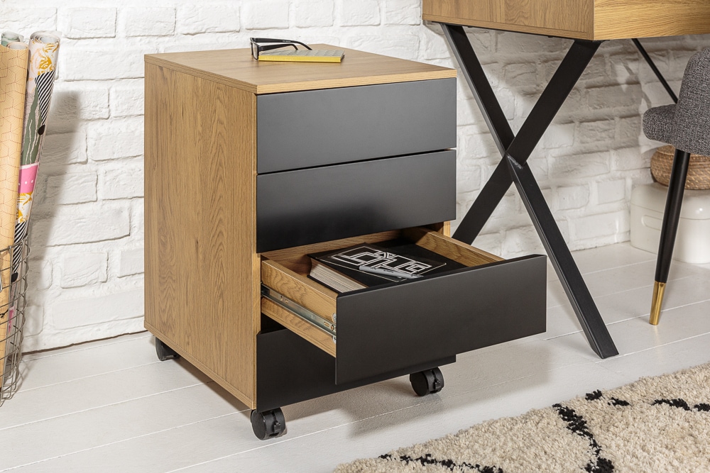 Moderner Rollcontainer STUDIO 40cm Eichenoptik schwarz 4 Schubladen