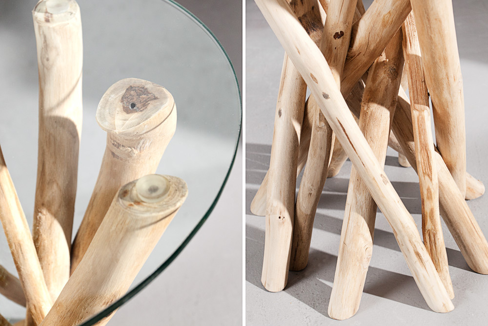 Design Beistelltisch DRIFTWOOD 40cm Teakholz mit Glasplatte rund Couchtisch