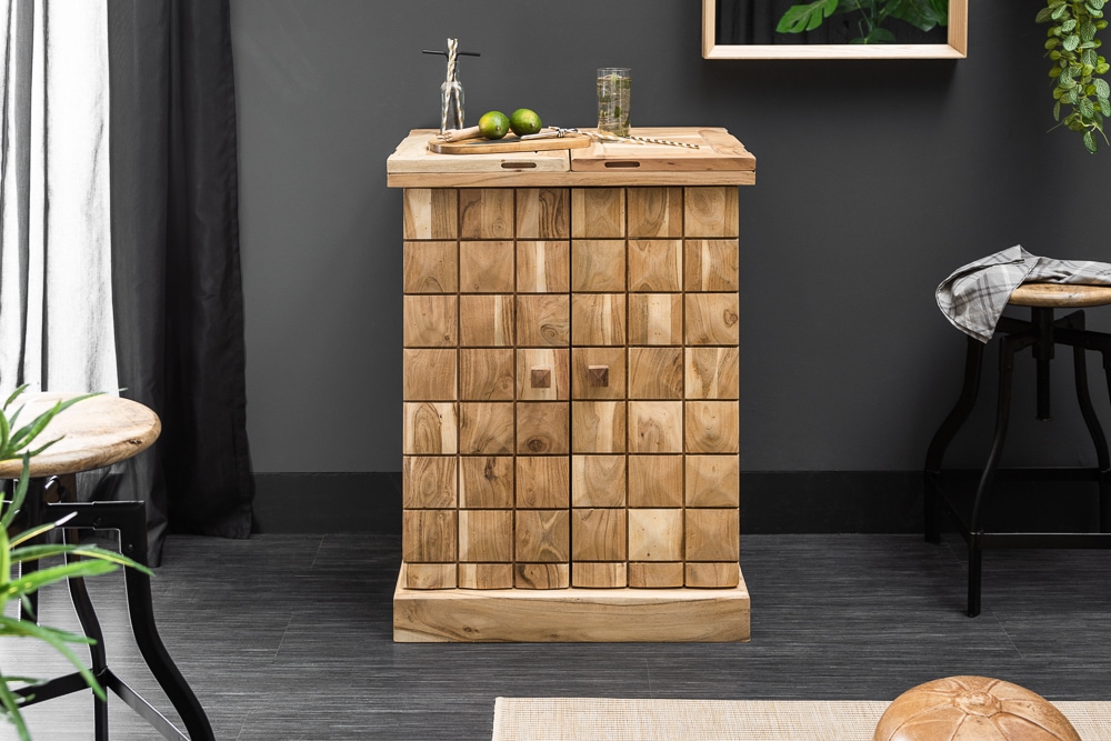 Handgearbeiteter Barschrank MOSAICO 130cm Akazie Massivholz 3D Effekt