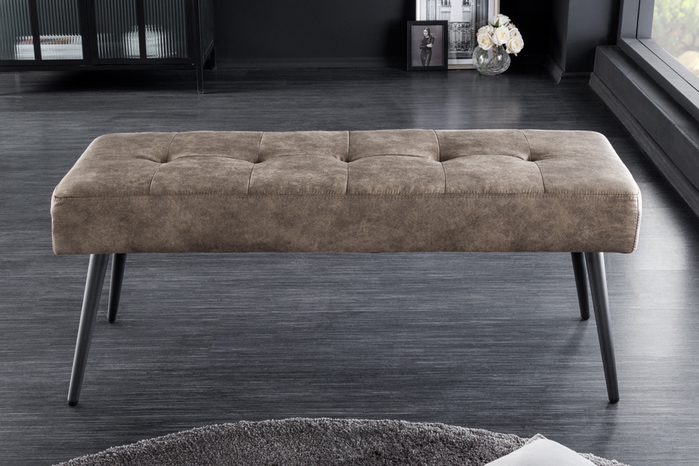 Design Sitzbank BOUTIQUE 100cm antik taupe Microfaser schwarze Metallbeine Polsterbank