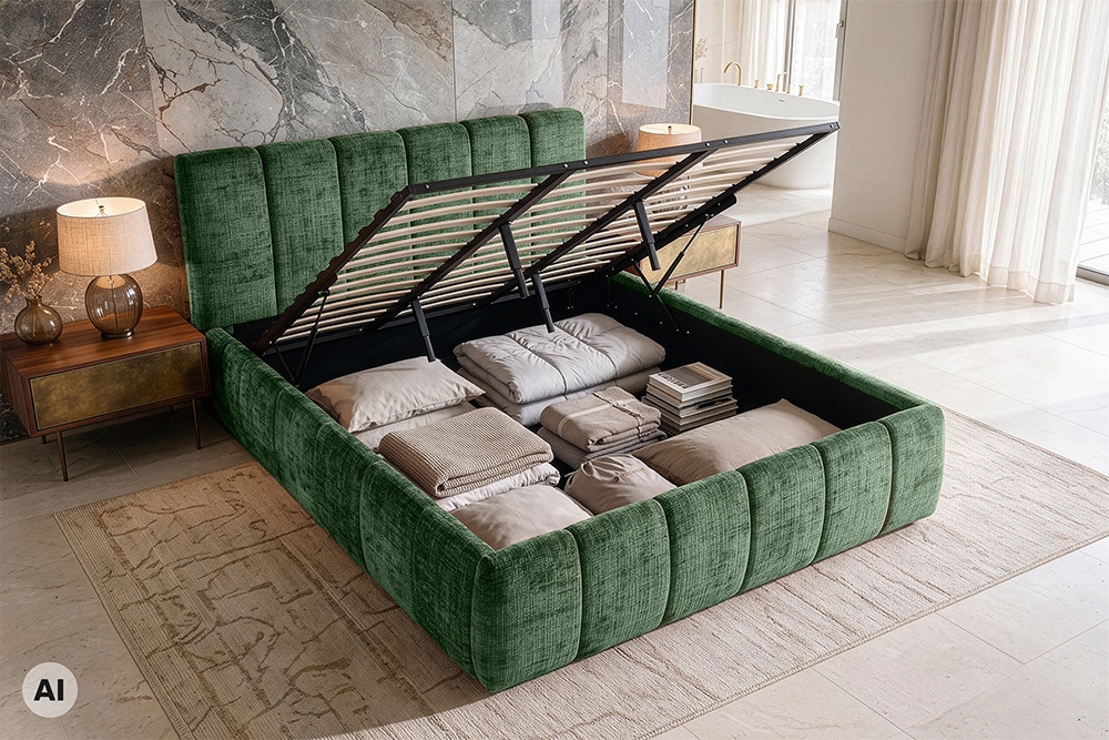Design Boxbett ADLON 180x200cm petrol grün Chenille Cremona mit Stauraum und Lattenrost