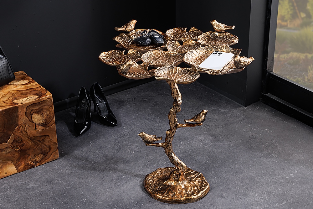 In- und Outdoor Beistelltisch BIRDS 65cm messing antik Blatt-Design wetterfest Vogel-Skulptur