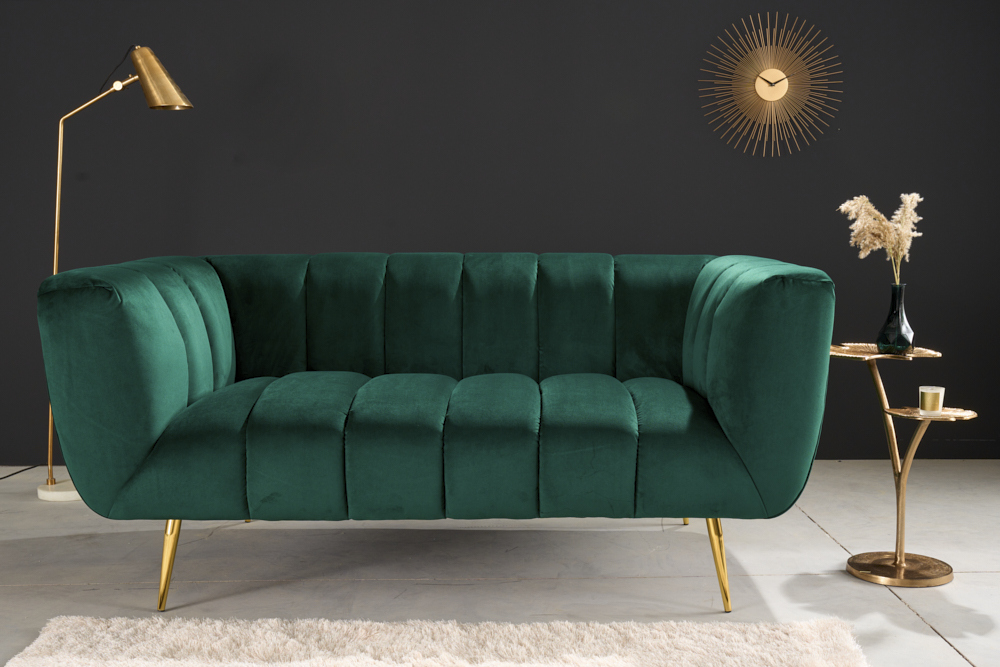 Design 2-Sitzer Sofa NOBLESSE 165cm smaragdgrün Samt Federkern goldene Metallfüße