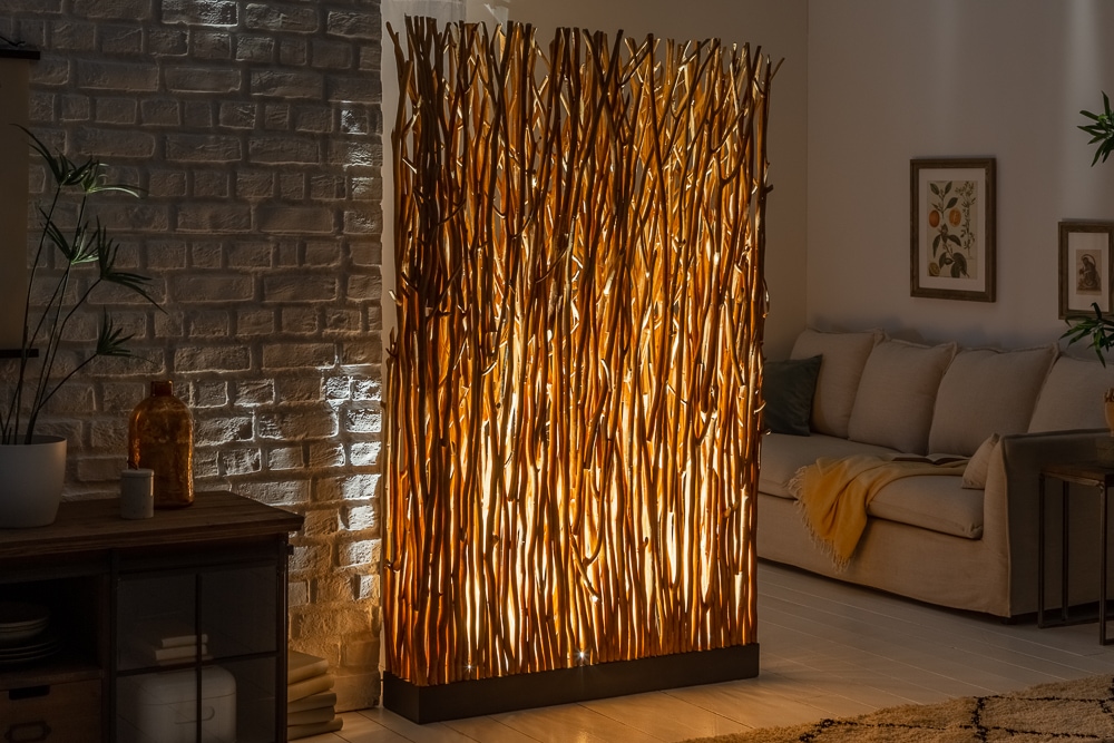Handgefertigte Stehlampe NATURAL PARAVENT 180cm Longan-Holz Raumtrenner