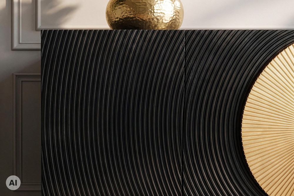 Massives Sideboard AURUM 180cm schwarz Mangoholz mit ikonischem Gold-Element