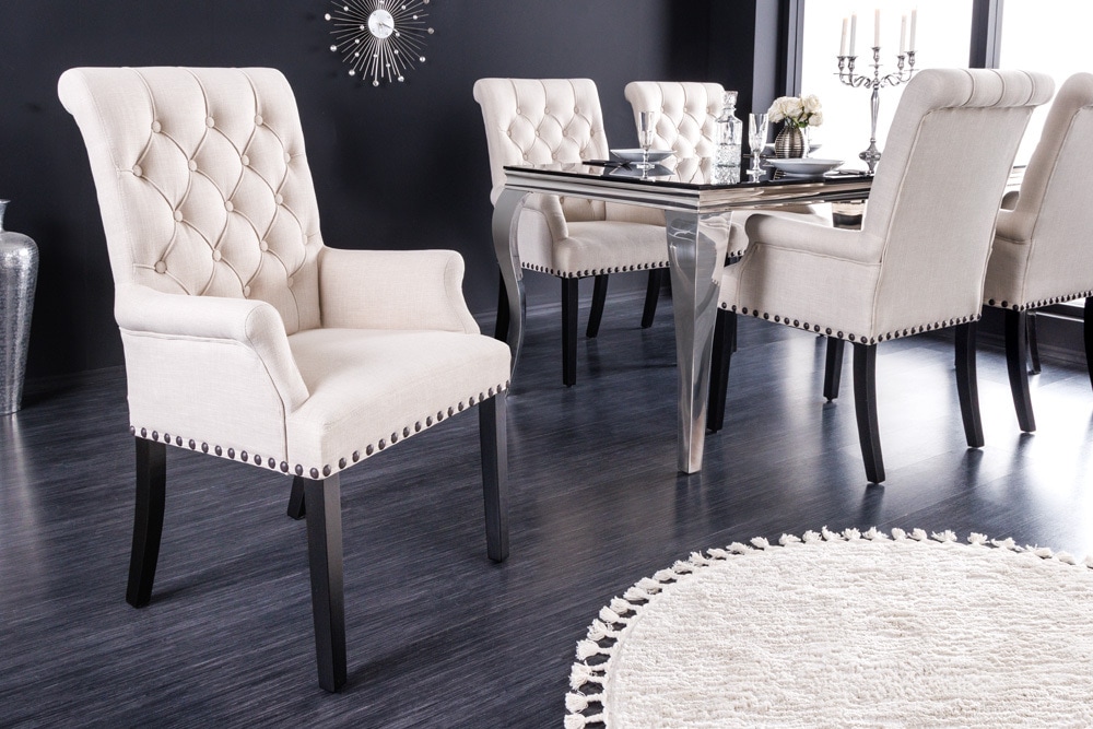 Design Stuhl CASTLE beige schwarz Strukturstoff Armlehnen Holzfüße