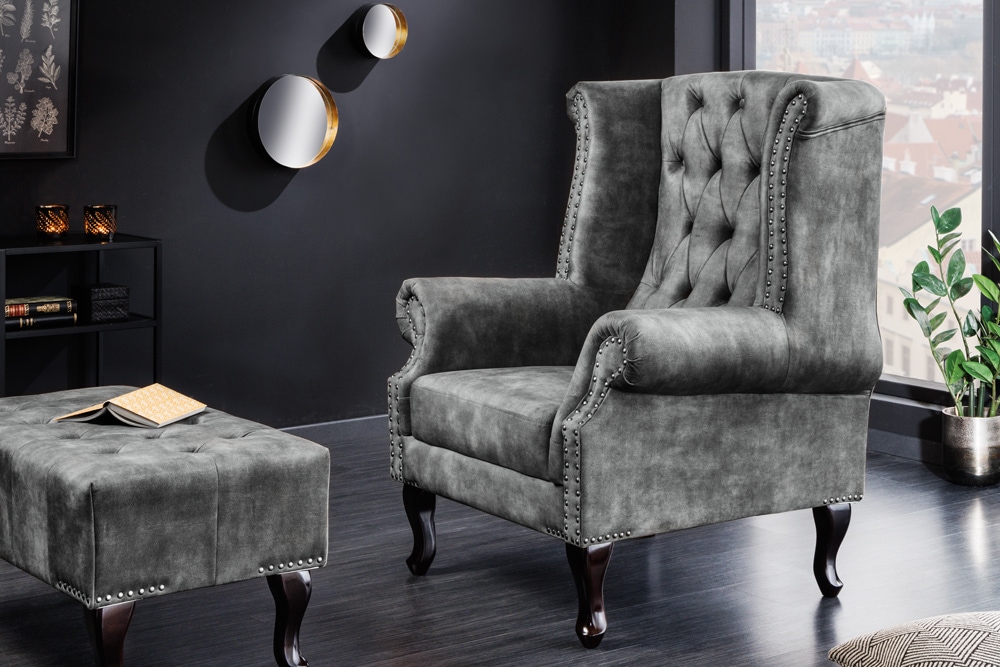 Design Ohrensessel CHESTERFIELD 105cm grau Samt silber Nieten