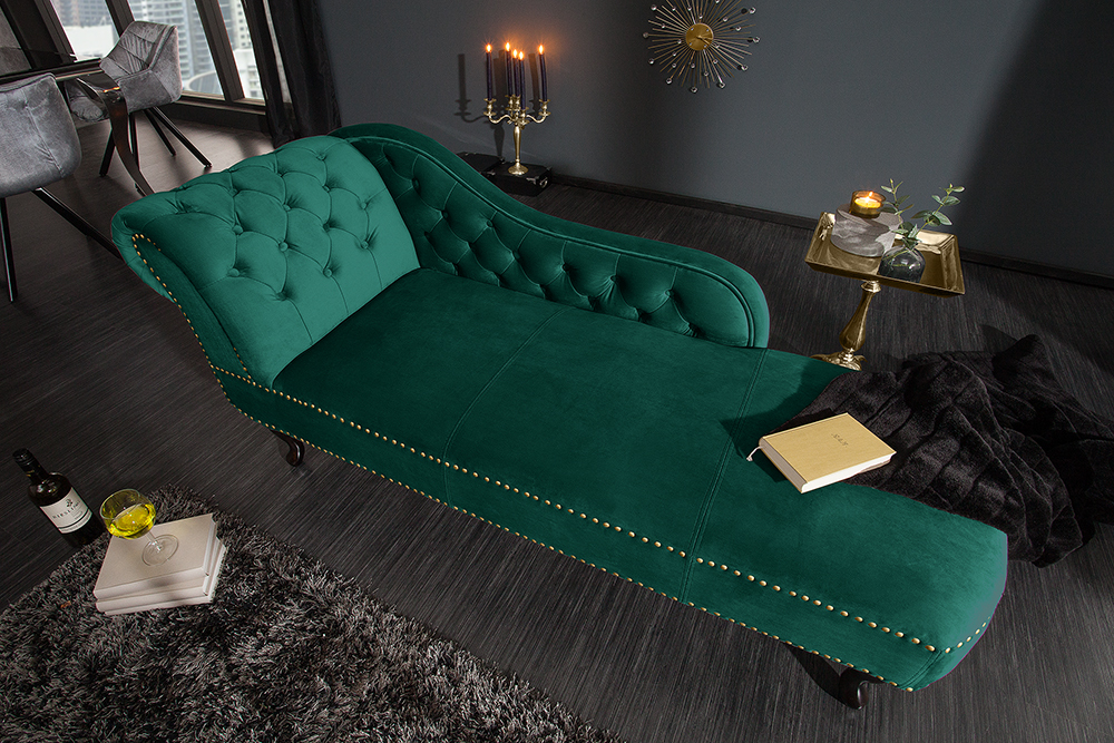 Design Récamière CHESTERFIELD 170cm smaragdgrün Samt Knopfheftung Nietenbesatz