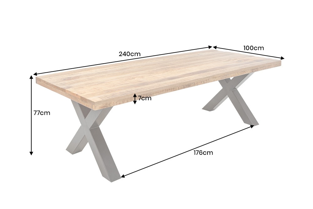 Massiver Esstisch IRON CRAFT 240cm natur Mangoholz Industrial Design X-Gestell schwarz Metall