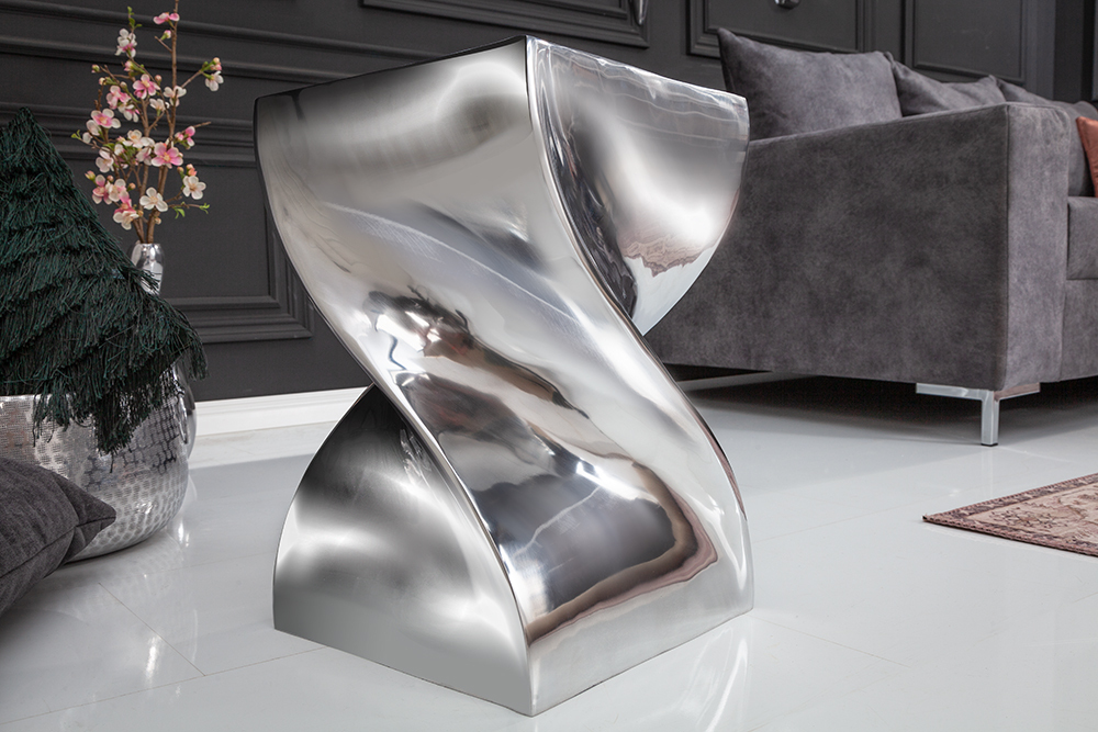 Skulp­tu­raler Beistelltisch TWIST 45cm silber Aluminium poliert Sitzhocker Modern Design