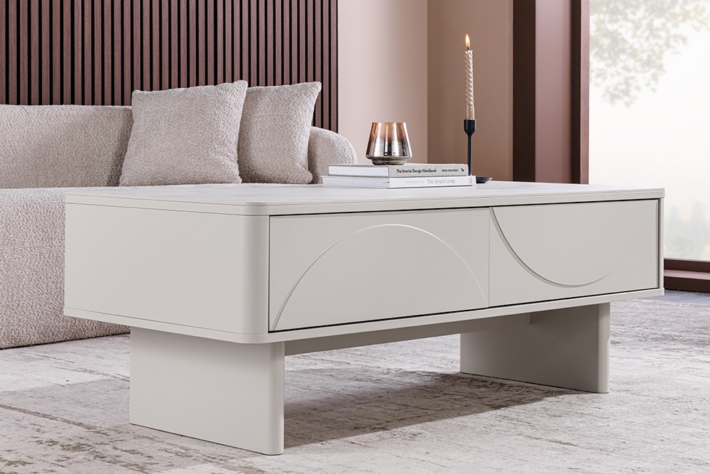 Design Couchtisch SAVOY 120cm kaschmir weiß Keramik Marmor mit Schubladen