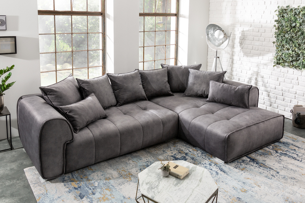 Modernes XXL Ecksofa CLAN 320cm anthrazit Samt Bigsofa inkl. Kissen