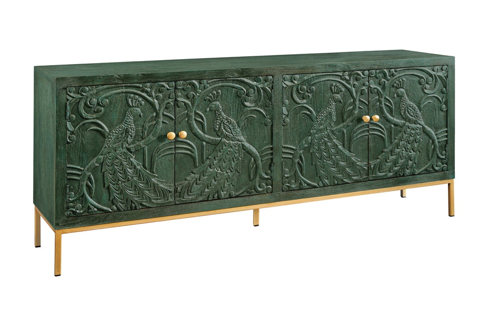 Massives Sideboard PEACOCK 175cm grün Mangoholz antik 3D Schnitzerei Pfau-Design