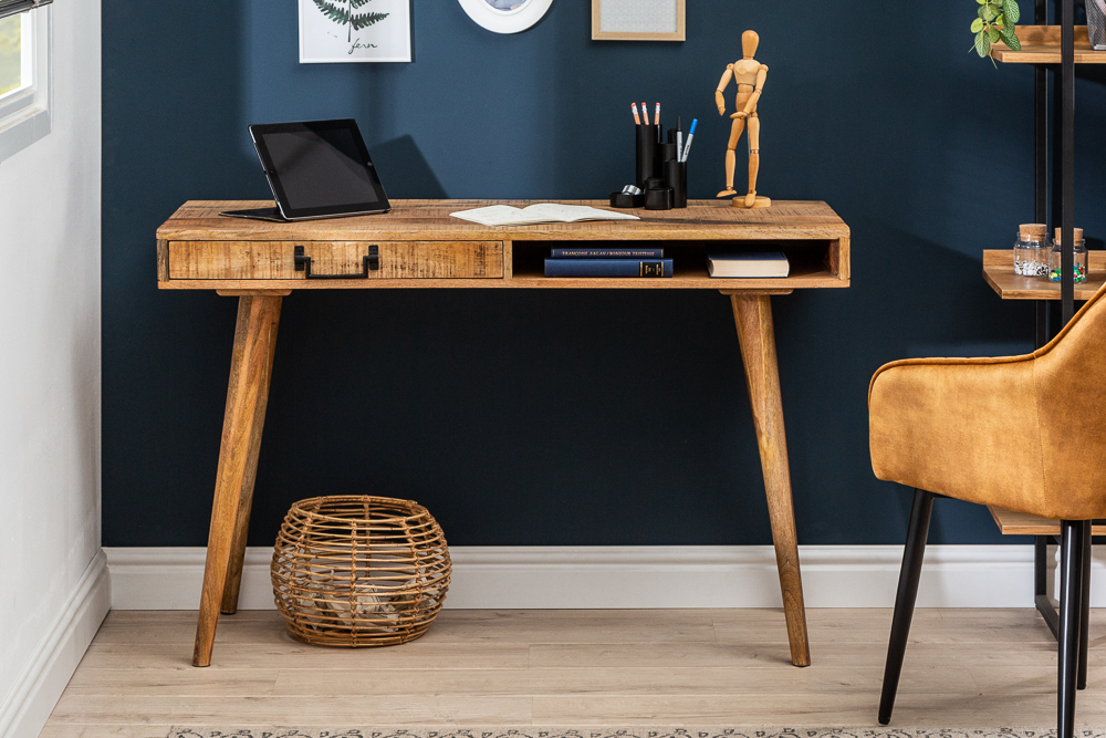 Massiver Schreibtisch RETRO 120cm Mangoholz Bürotisch mit Schublade