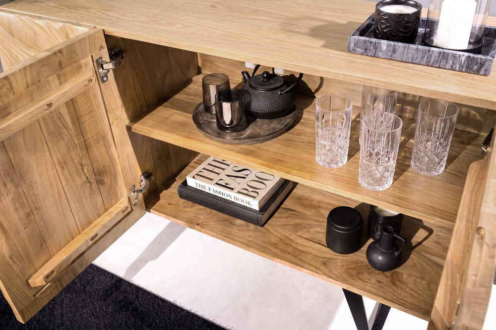 Massives Sideboard FLUID 175cm creme Mangoholz 3D-Design Kufengestell