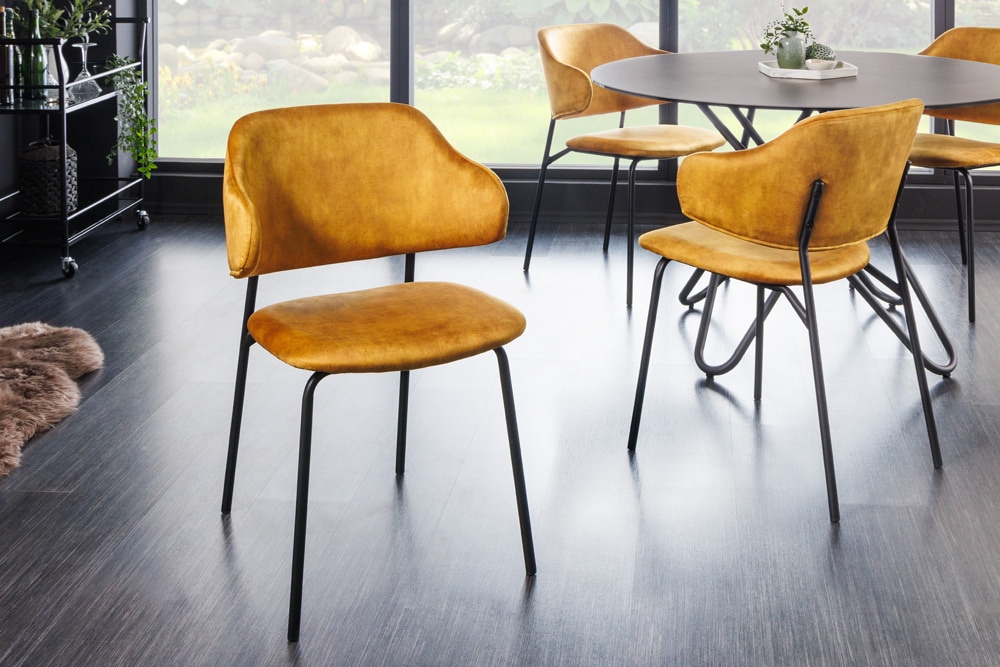 Design Stuhl VOGUE senfgelb Samt schwarze Metallbeine