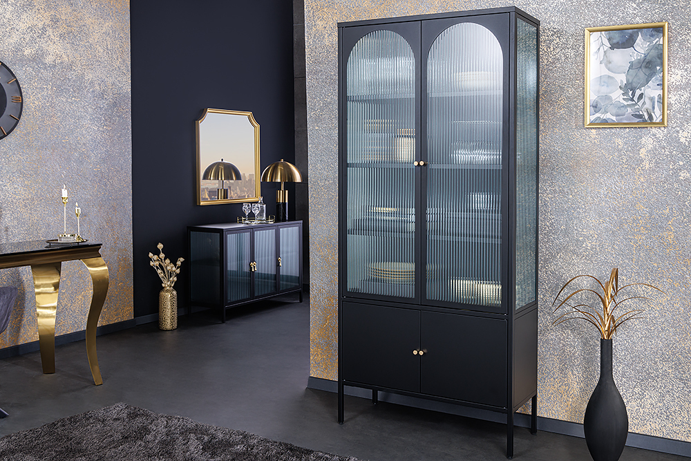 Moderne Vitrine PARIS 180cm schwarz gold Riffelglas Metall Highboard Schrank