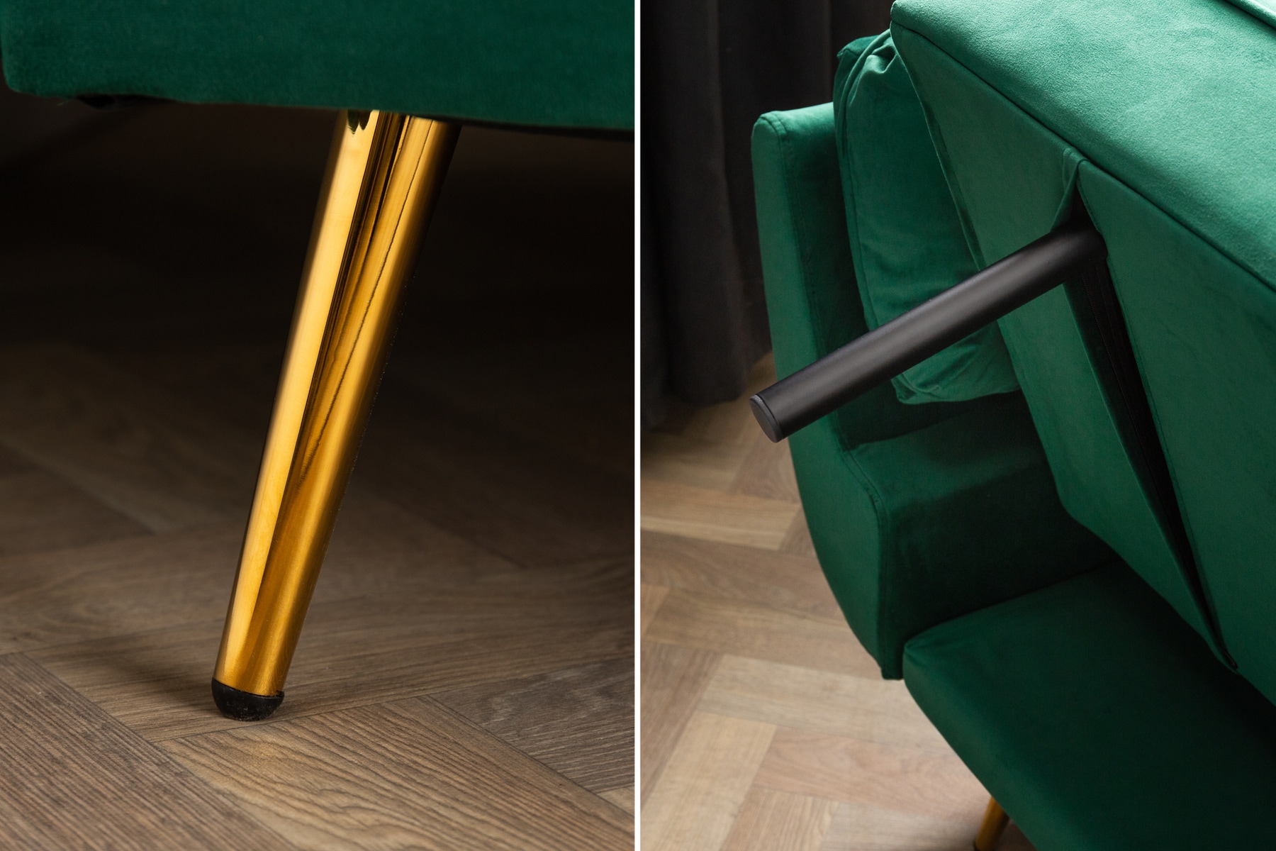 Retro Schlafsofa BOUTIQUE 215cm smaragdgrün Samt 3-Sitzer mit goldenen Füßen