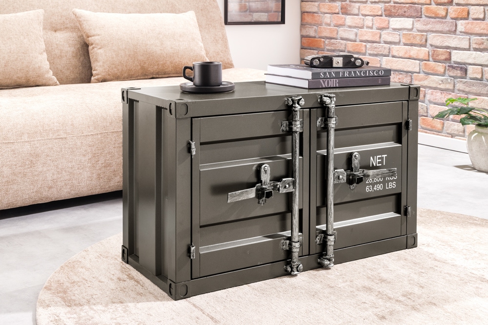Container-Schrank GLOBETROTTER 80cm anthrazit Metall Couchtisch mit Flügeltüren Kommode