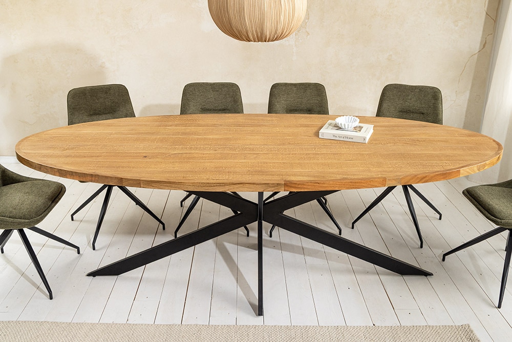 Massiver Esstisch GALAXIE 240cm braun Mangoholz oval schwarz Eisen Sterngestell