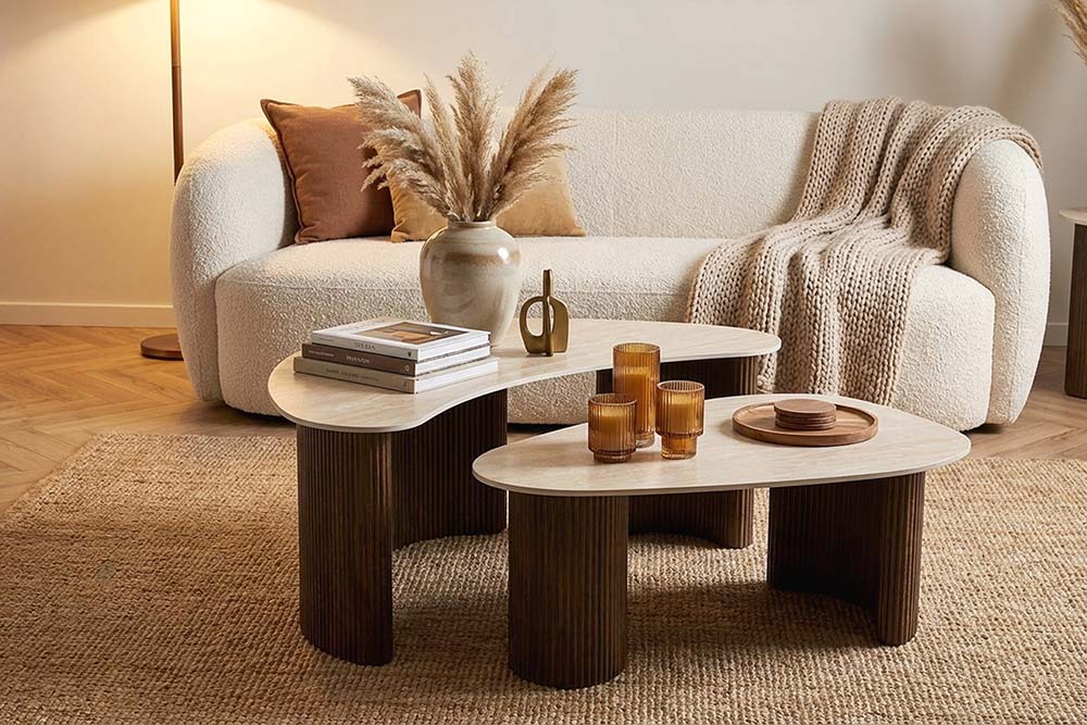 2er Set Couchtische OSAKA 120cm champagner greige Travertin Keramik Walnuss