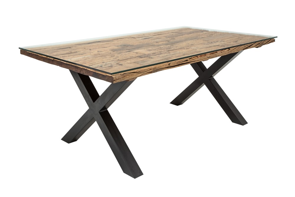 Massiver Esstisch BARRACUDA 180cm Teakholz inkl. Glasplatte mit X-Gestell