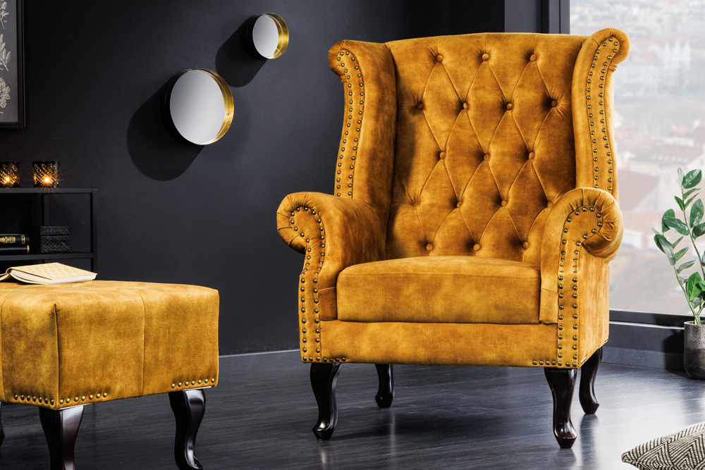Design Ohrensessel CHESTERFIELD 85cm senfgelb Samt Knopfheftung