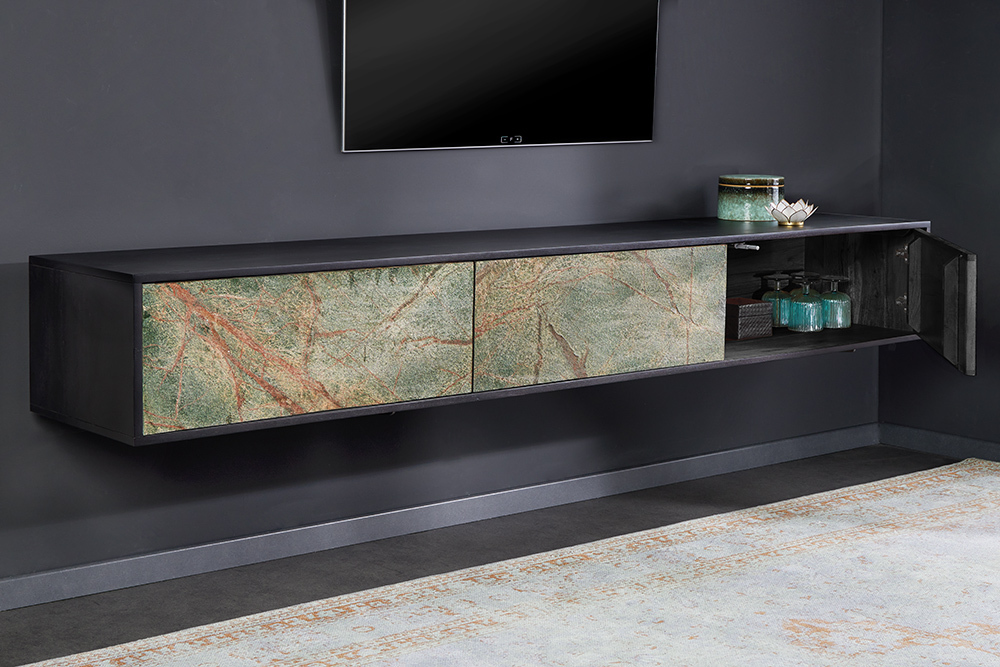 Massivholz TV Lowboard MOUNTAIN SOUL 200cm echter Naturstein Akazie schwarz hängend / stehend