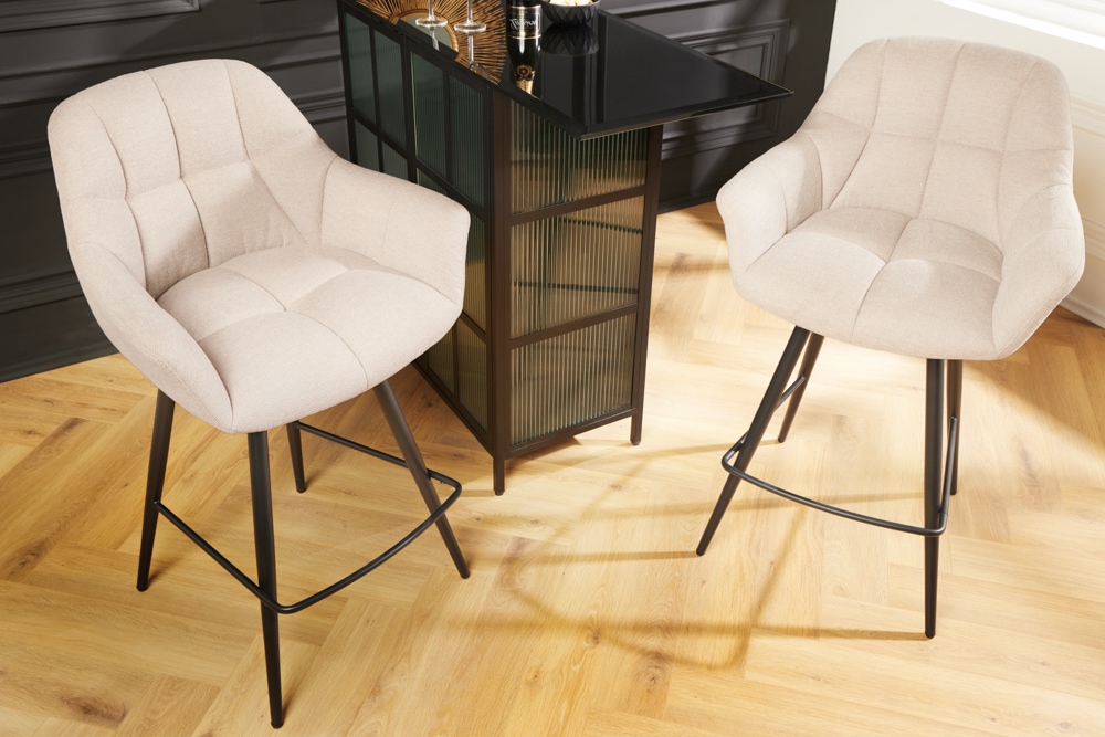 Drehbarer Barhocker PAPILLON champagner beige Barstuhl mit Lehne schwarze Metallbeine