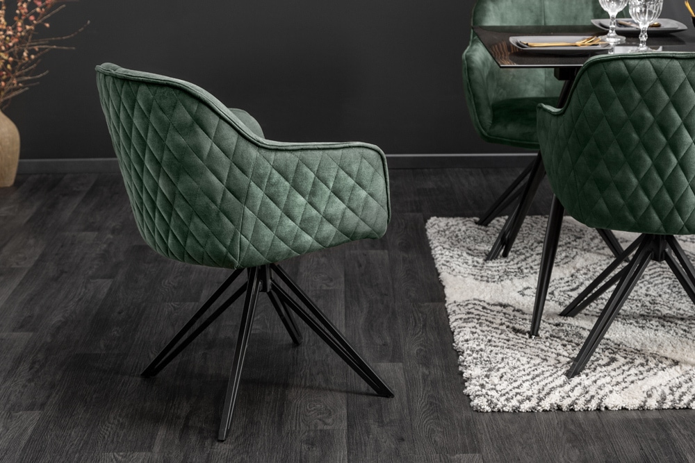 Drehbarer Design Stuhl EUPHORIA dunkelgrün Samt mit Armlehne Metallgestell schwarz