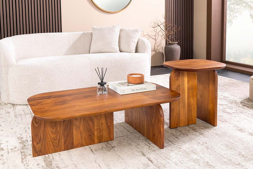 2er Set Couchtische GATSBY 100cm braun Akazienholz organische Form Beistelltisch