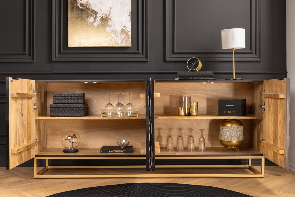 Massivholz Sideboard VULCANO 180cm weiß schwarz Mangoholz mit 3D Schnitzereien handmade Metallgestell gold