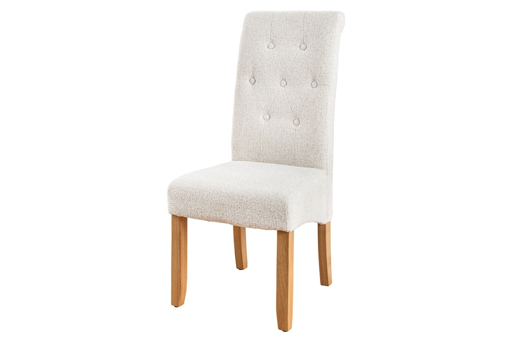 Design Stuhl CASA beige Bouclé Tweed Soft Massivholzbeine Zierknöpfe und Nackenrolle