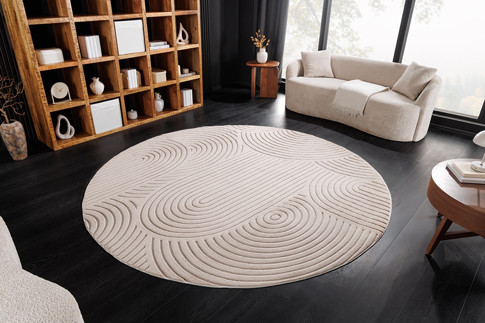 Runder 3D strukturierter Kurzflor Teppich ART DECO 230cm beige creme Hoch-Tief-Effekt