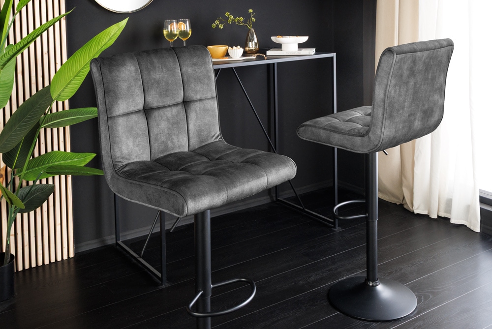 Höhenverstellbarer Barhocker MODENA grau Samt Metall schwarz drehbar